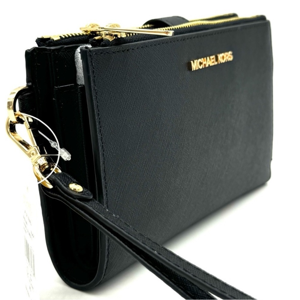 Michael Kors Large Double Zip Wallet Wristlet Black/Gold - Picture 5 of 9